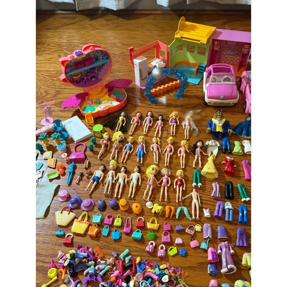 Polly Pocket Lot Including 21 Dolls, 150+ Accessories, 3 Cars, 1 House - EUC
